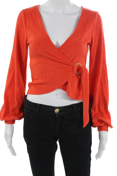 Lovers + Friends Womens Cropped Orange V-Neck Long Sleeve Blouse Size 2XS