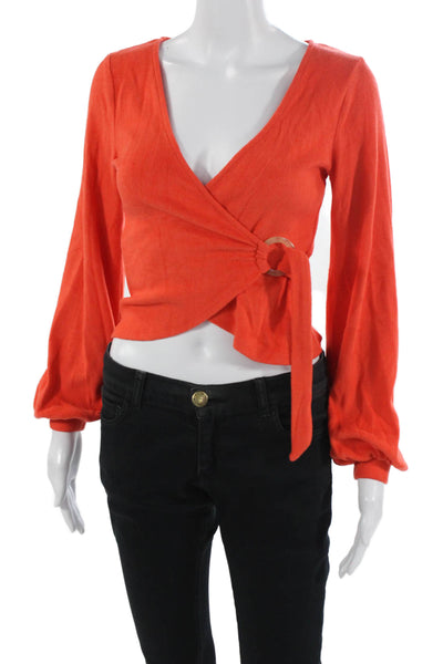 Lovers + Friends Womens Cropped Orange V-Neck Long Sleeve Blouse Size 2XS
