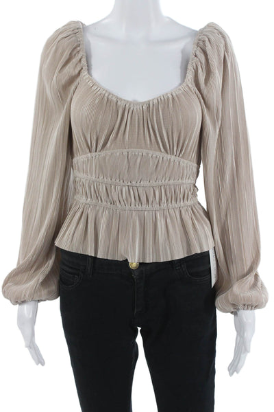 ASTR Womens Bohemian Square Neck Long Sleeve Blouse Beige Size XS