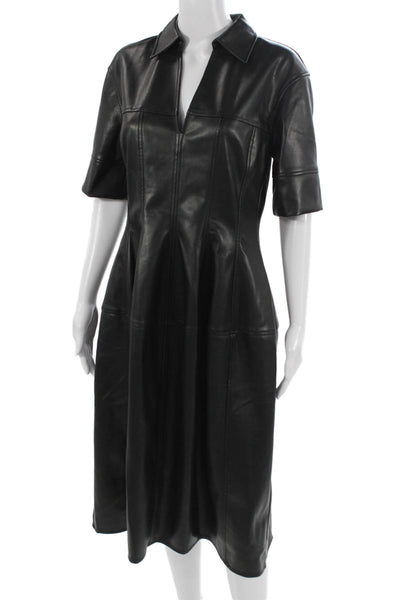 Luxely Women Shirt Dress Black Short Sleeve Collared Zip Full Length Size M
