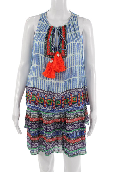 Hemant & Nandita Women Blue Silk Kaftan Dress Geometric Sleeveless Size XS