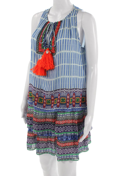 Hemant & Nandita Women Blue Silk Kaftan Dress Geometric Sleeveless Size XS