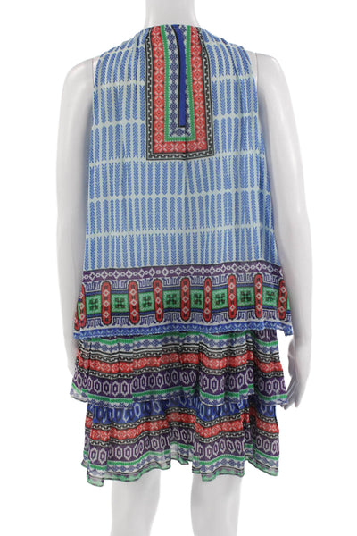 Hemant & Nandita Women Blue Silk Kaftan Dress Geometric Sleeveless Size XS