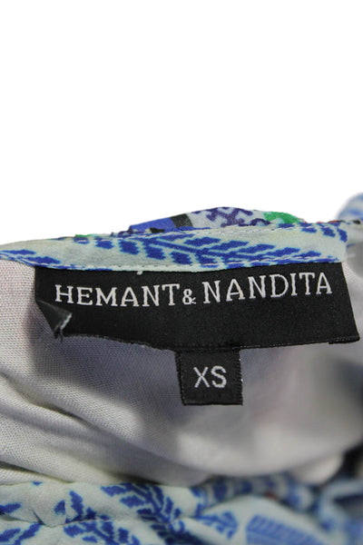 Hemant & Nandita Women Blue Silk Kaftan Dress Geometric Sleeveless Size XS