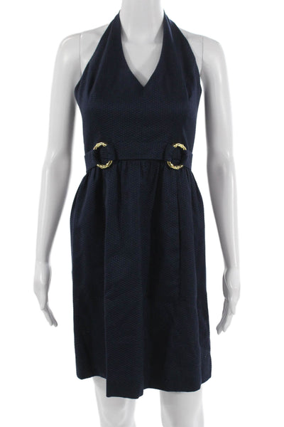 David Meister Women A-Line Sundress Dark Blue V-Neck Cotton Size 2