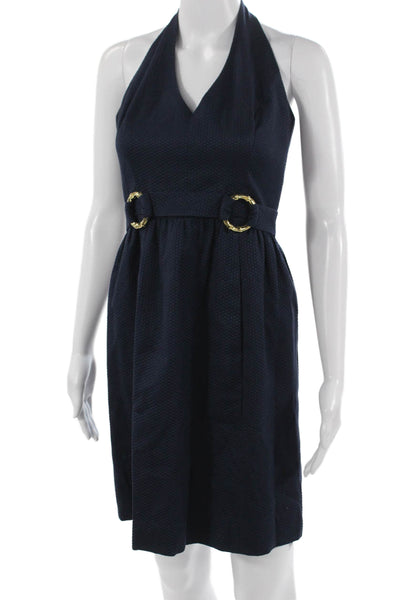 David Meister Women A-Line Sundress Dark Blue V-Neck Cotton Size 2