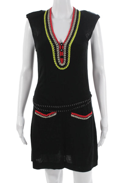 Nanette Lepore Women Sweater Dress Black V-Neck Button Knee-Length Size S