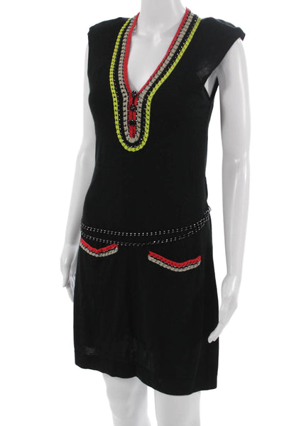 Nanette Lepore Women Sweater Dress Black V-Neck Button Knee-Length Size S