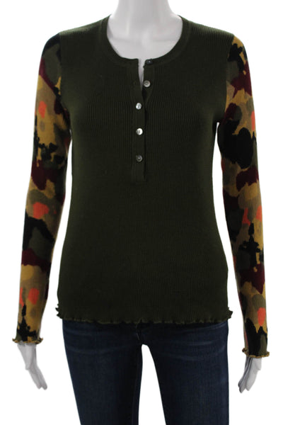 Lisa Todd Women Camouflage Cotton Button-Up Long Sleeve Sweater Green Size S