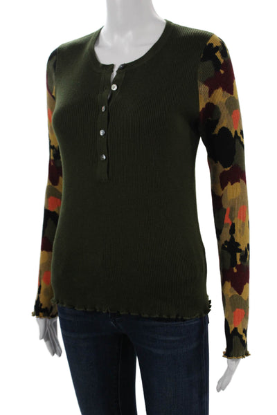 Lisa Todd Women Camouflage Cotton Button-Up Long Sleeve Sweater Green Size S