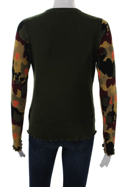 Lisa Todd Women Camouflage Cotton Button-Up Long Sleeve Sweater Green Size S