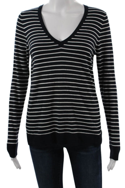 J Crew Unisex Dark Blue Striped Cotton V-Neck Pullover Long Sleeve Size S