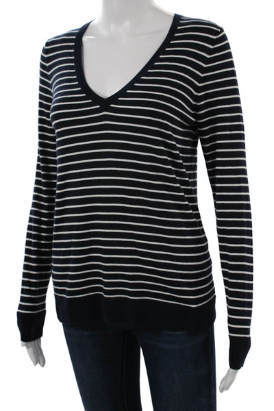 J Crew Unisex Dark Blue Striped Cotton V-Neck Pullover Long Sleeve Size S