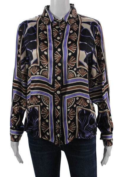 west of Women Black Collared Geometric Viscose Button Up Blouse Size S