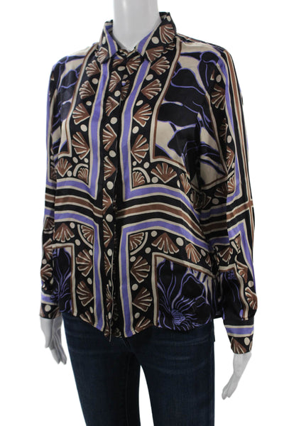 west of Women Black Collared Geometric Viscose Button Up Blouse Size S