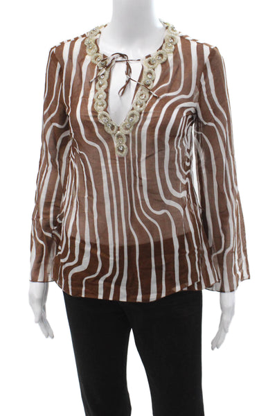 Trina Turk Women Tunic Blouse Brown Striped Long Sleeve Cotton Boho Size PP