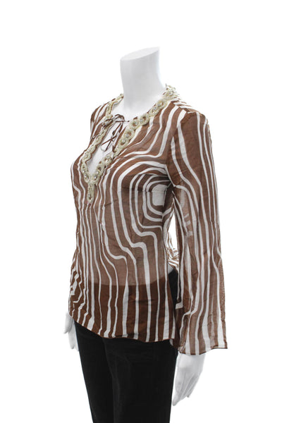 Trina Turk Women Tunic Blouse Brown Striped Long Sleeve Cotton Boho Size PP