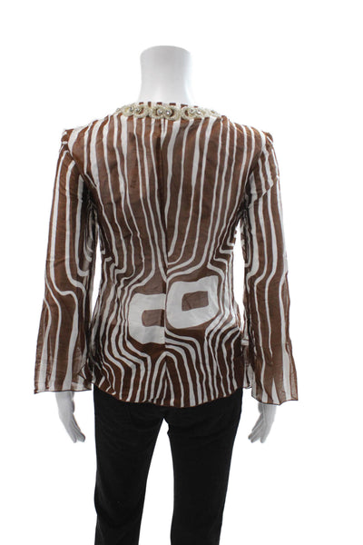 Trina Turk Women Tunic Blouse Brown Striped Long Sleeve Cotton Boho Size PP