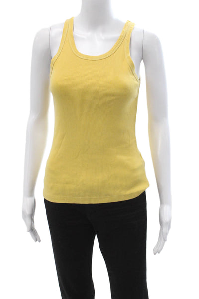 Amo Women Basic Sleeveless Solid Yellow Cotton Round Neck Tank Size S