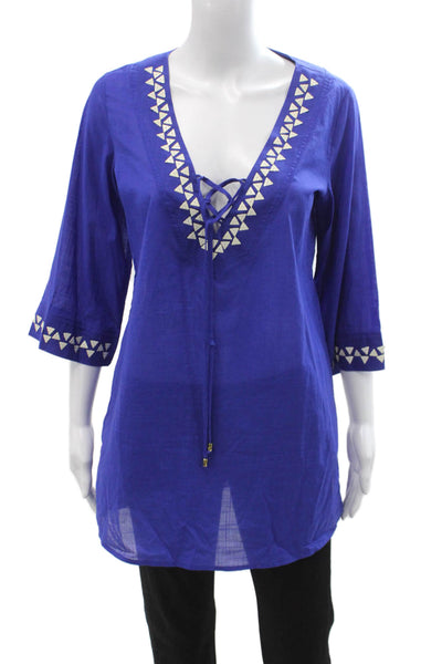 Trina Turk Womens Tunic V-Neck Geometric Blue 3/4 Sleeve Drawstring Size XS