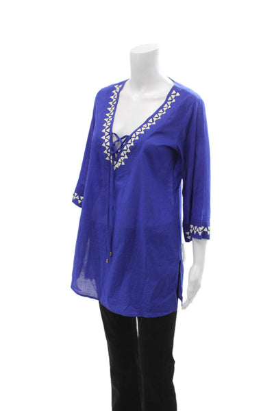 Trina Turk Womens Tunic V-Neck Geometric Blue 3/4 Sleeve Drawstring Size XS