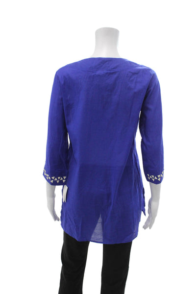 Trina Turk Womens Tunic V-Neck Geometric Blue 3/4 Sleeve Drawstring Size XS