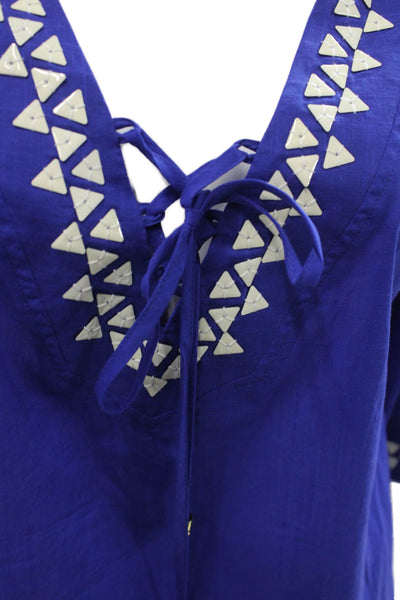 Trina Turk Womens Tunic V-Neck Geometric Blue 3/4 Sleeve Drawstring Size XS