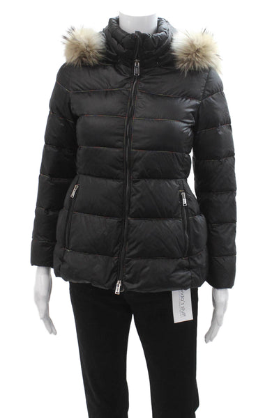 Add Girls Hood Long Sleeves Full Zip Puffer Coat Black Size XS