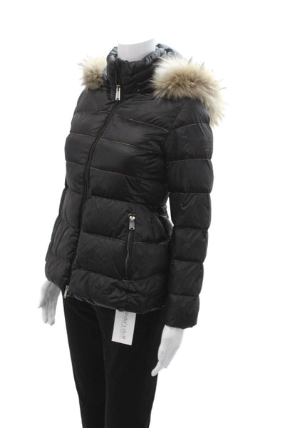 Add Girls Hood Long Sleeves Full Zip Puffer Coat Black Size XS