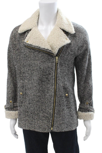 J Crew Unisex Dark Gray Herringbone Motorcycle Jacket Zip Collared Size S