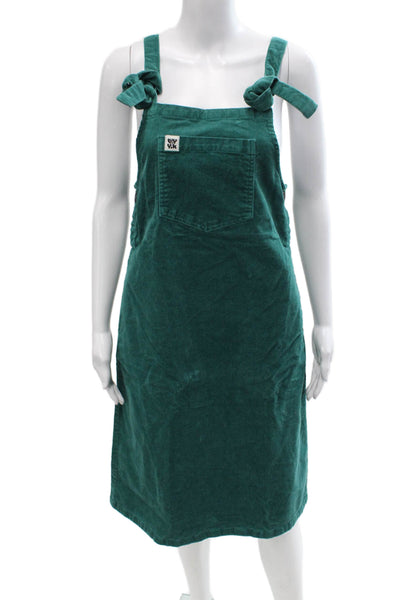 Lucy & Yak Womens Overall Dress Green Silk Square Neck Sleeveless Button Size XS