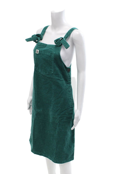 Lucy & Yak Womens Overall Dress Green Silk Square Neck Sleeveless Button Size XS