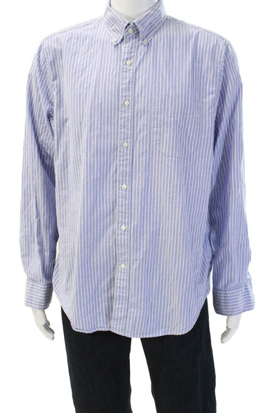 J Crew Mens Button-Down Collared Striped Light Blue Long Sleeve Cotton Size L