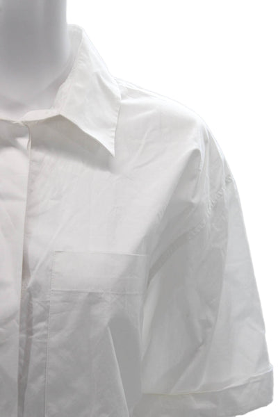 Zara Women White Cotton Collared Button Up Short Sleeve Basic Top Size L