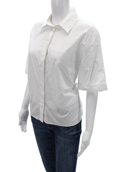 Zara Women White Cotton Collared Button Up Short Sleeve Basic Top Size L