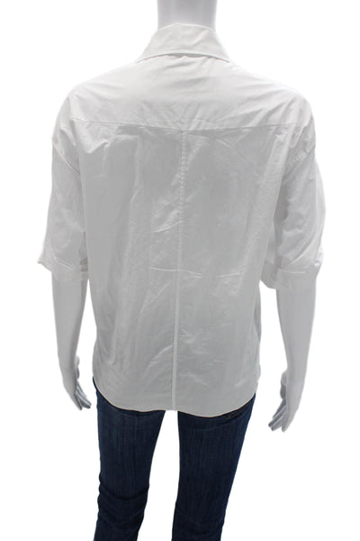Zara Women White Cotton Collared Button Up Short Sleeve Basic Top Size L