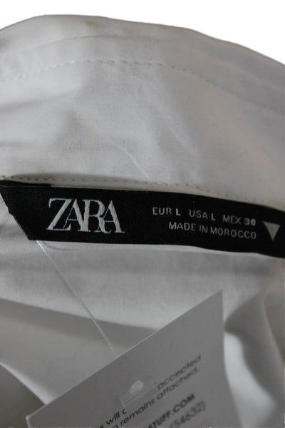 Zara Women White Cotton Collared Button Up Short Sleeve Basic Top Size L