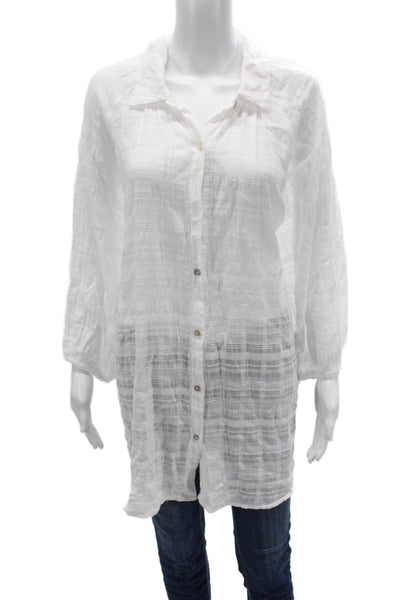 Honorine Women Tunic Button-Up White Long Sleeve Collared Cotton Size L