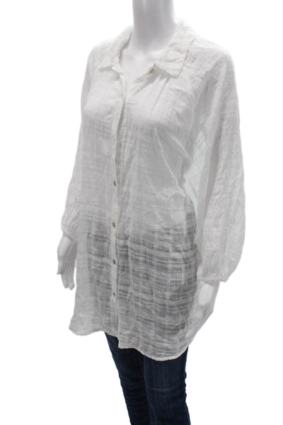 Honorine Women Tunic Button-Up White Long Sleeve Collared Cotton Size L