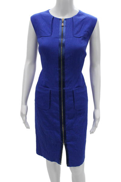 Escada Women Sheath Dress Blue Cotton Sleeveless Crew Neck Size 42