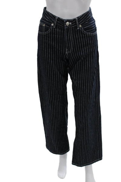 Zara Unisex Wide-Leg Dark Blue Striped Jeans Mid Rise Cotton 30 Inseam Size 2