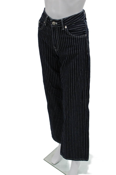 Zara Unisex Wide-Leg Dark Blue Striped Jeans Mid Rise Cotton 30 Inseam Size 2