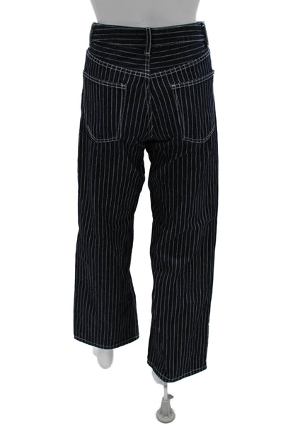 Zara Unisex Wide-Leg Dark Blue Striped Jeans Mid Rise Cotton 30 Inseam Size 2