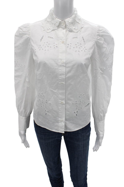 Zara Womens Collared Floral Cotton Button Up Blouse Long Sleeve White Size XS