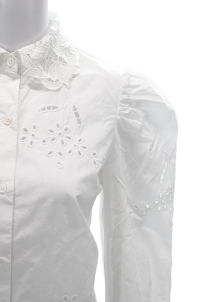 Zara Womens Collared Floral Cotton Button Up Blouse Long Sleeve White Size XS