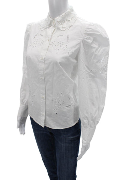 Zara Womens Collared Floral Cotton Button Up Blouse Long Sleeve White Size XS