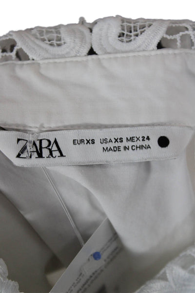 Zara Womens Collared Floral Cotton Button Up Blouse Long Sleeve White Size XS