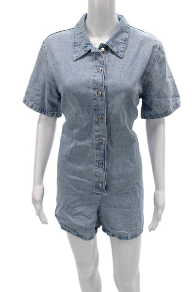 MNG Womens Jumpsuit Romper Light Blue 100% Cotton Collared Short Sleeve Size S