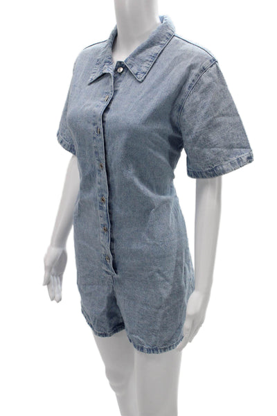MNG Womens Jumpsuit Romper Light Blue 100% Cotton Collared Short Sleeve Size S