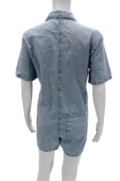 MNG Womens Jumpsuit Romper Light Blue 100% Cotton Collared Short Sleeve Size S